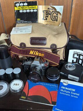 Nikon FG 35MM Film Camera 3 Lenses Flash Zoom Filter Strap NICE Soft Case EXTRAS